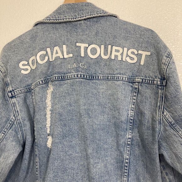 Social Tourist Jacket Large Distressed Denim Trucker Los Angeles California - Picture 3 of 16